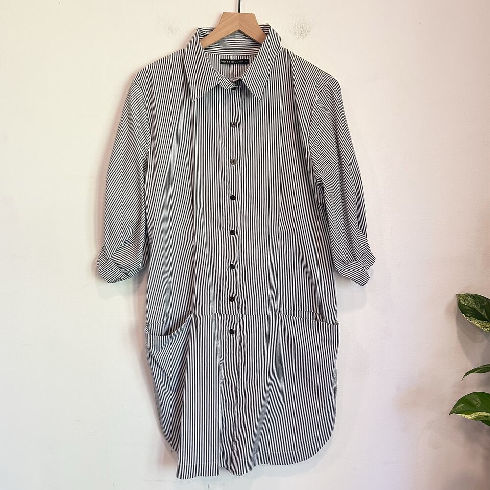 Matthildur Cotton Striped Button Up Short Sleeve Dress Gray Size 3